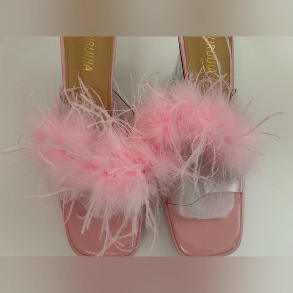 LIURUIJIA Square Toe Feathers High Heel Fur Mules Sandals Size 44 (US 11.5) - Picture 2 of 10